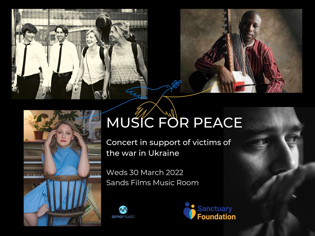 TheMusicRoomSa1's tweet photo. MUSIC FOR PEACE CONCERT
Support victims of the war in Ukraine - All proceeds to: https://t.co/ORpYwOqee3 A celebration of humanity, with classical, jazz, folk, Senegalese music:
Fred Thomas (piano/bass) Alice Zawadzki (voice/violin) Sacconi string Quartet Kadialy Kouyate (kora) https://t.co/DvyNRBwqpg