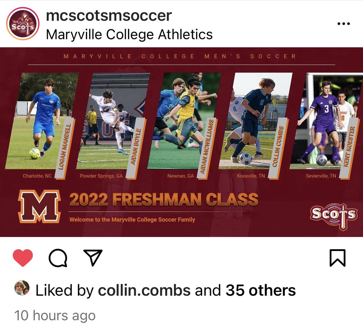 Congrats to Collin Combs! We are excited to see you move on to the next level! ⚽️ Maryville is getting a strong player but an even better kid!