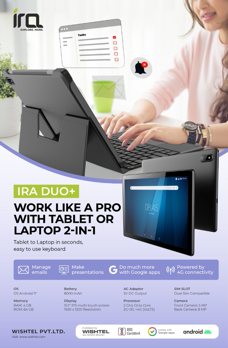 IraExplore's tweet photo. IRA DUO+

WORK LIKE A PRO WITH TABLET OR LAPTOP 2-IN-1
Tablet to laptop in seconds, easy to use keyboard
#amazon #tatacliq #IraXAmazon #IraXTataCliq #IRA #IRAEXPLORE #learningexperience #premiumcanvas #newlaunch #iratablets #iralaptops #digitaleducation #digitallearning #coding https://t.co/DSEO6Gc7D3