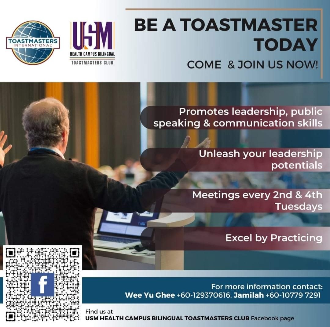 jammygems's tweet photo. Come and join us! Be the Champion that you have been dreaming of. And let us be part of that amazing journey of yours.We will walk by your side and support you whenever you stumbled on challenges. At our club USM Health Campus Bilingual Toastmasters Club, you'll never walk alone. https://t.co/ms3JndpFes