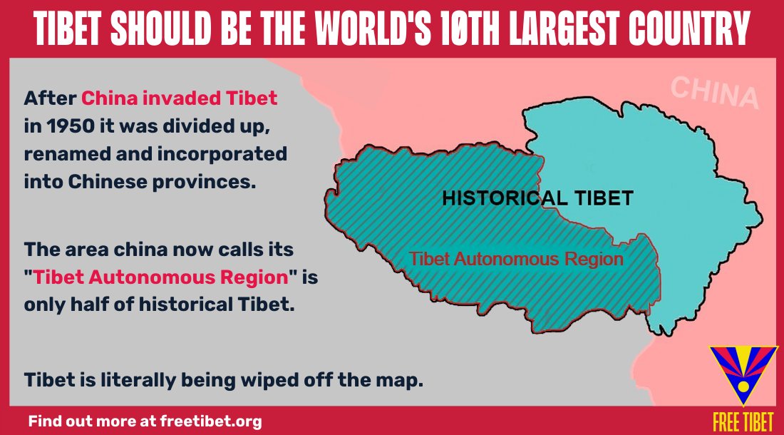 freetibetorg's tweet photo. The area that China now calls its "Tibet Autonomous Region" is only around half of what was historically the nation of Tibet. China has literally been wiping Tibet off the map. https://t.co/cCiWnaM1Pl
