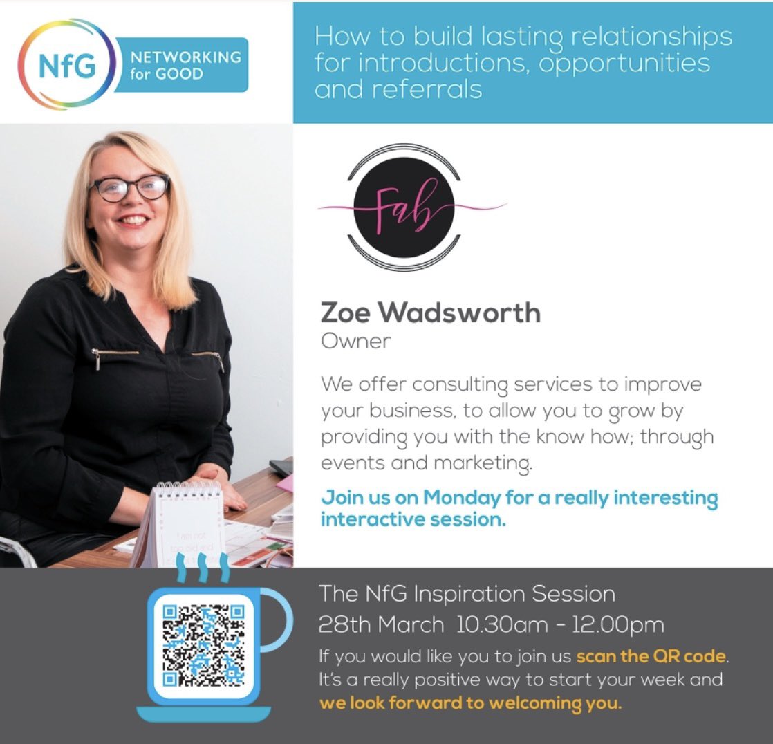 TheNfG2020's tweet image. Announcing our next Inspire Talk March 28th Zoe Wadsworth event specialist  from @Eventsbyfab_ . To attend members👉Use your member code OR non members👉Try a day pass: lnkd.in/dTNh3wd
#networkingforgood