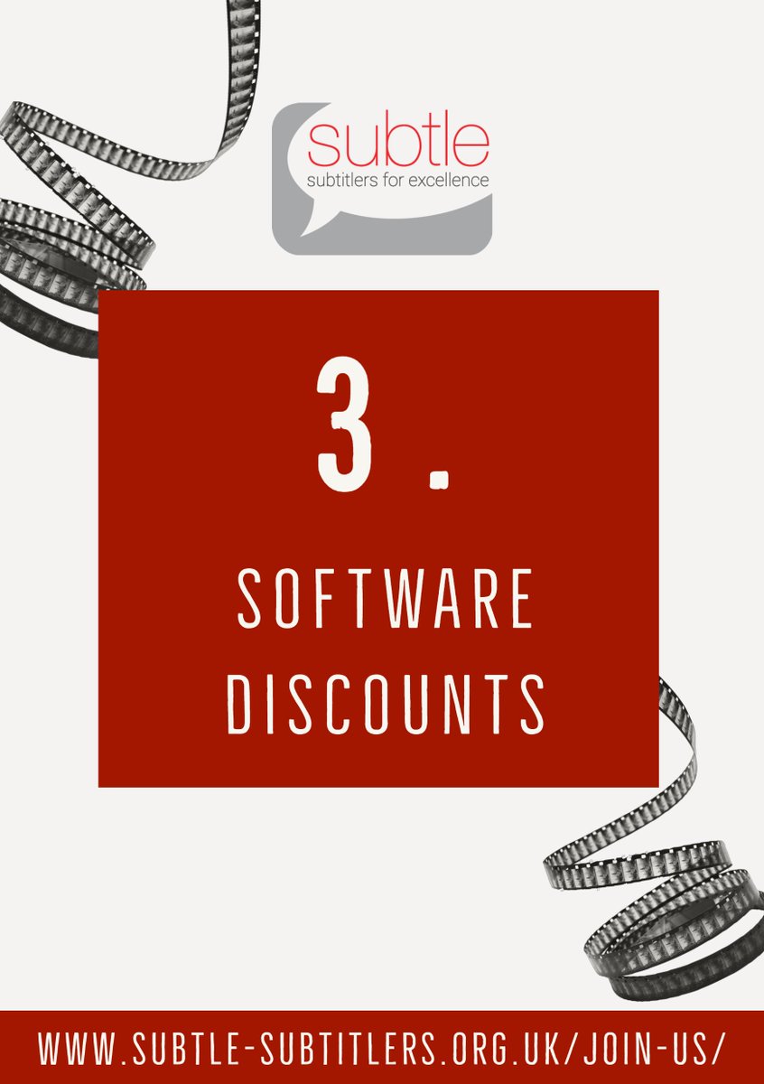 Subtle_UK's tweet photo. #10ReasonsToJoinSubtle #JoinyourlocalAVTassociation
Reason #3
Student and professional members enjoy exclusive discounts on Ooona, EZTitles, SubtitleNext, Limecraft, Syncwords and MemoQ.
https://t.co/S0pWlMy2aQ
Join today to get full access to our benefits:https://t.co/5jTenv7ohw https://t.co/gAeVOodw6F