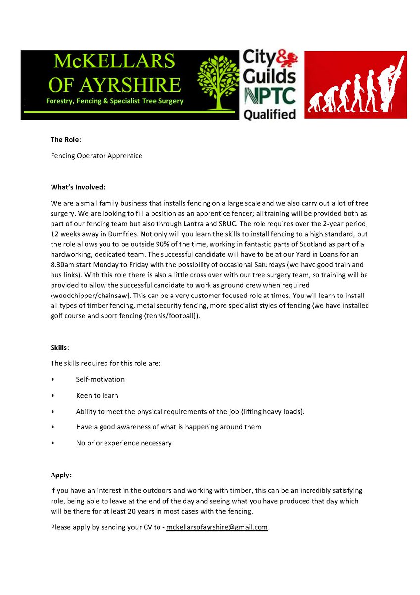 DYW Ayrshire (@dywayrshire) on Twitter photo Looking for an #apprenticeship?
McKellars of Ayrshire are #recruiting a Fencing Operator Apprentice 🙌
Find out more about the role and apply by sending your CV to 🔗 mckellarsofayrshire@gmail.com.
#Apprentice | #Fencing | #DevelopYourFuture | #JobVacancy Looking for an #apprenticeship?
McKellars of Ayrshire are #recruiting a Fencing Operator Apprentice 🙌
Find out more about the role and apply by sending your CV to 🔗 mckellarsofayrshire@gmail.com.
#Apprentice | #Fencing | #DevelopYourFuture | #JobVacancy