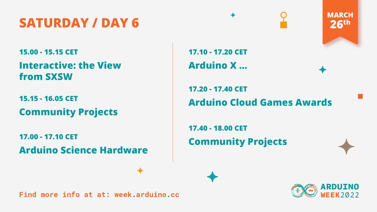 arduino's tweet image. We've saved the best for last at #ArduinoWeek2022! Join us today for #ArduinoDay - amazing guest speakers, incredible projects, a HUGE announcement, and the finals of the #ArduinoCloudGames! All this and more in one hour, 2PM GMT / 3PM CET / 9AM EST! week.arduino.cc