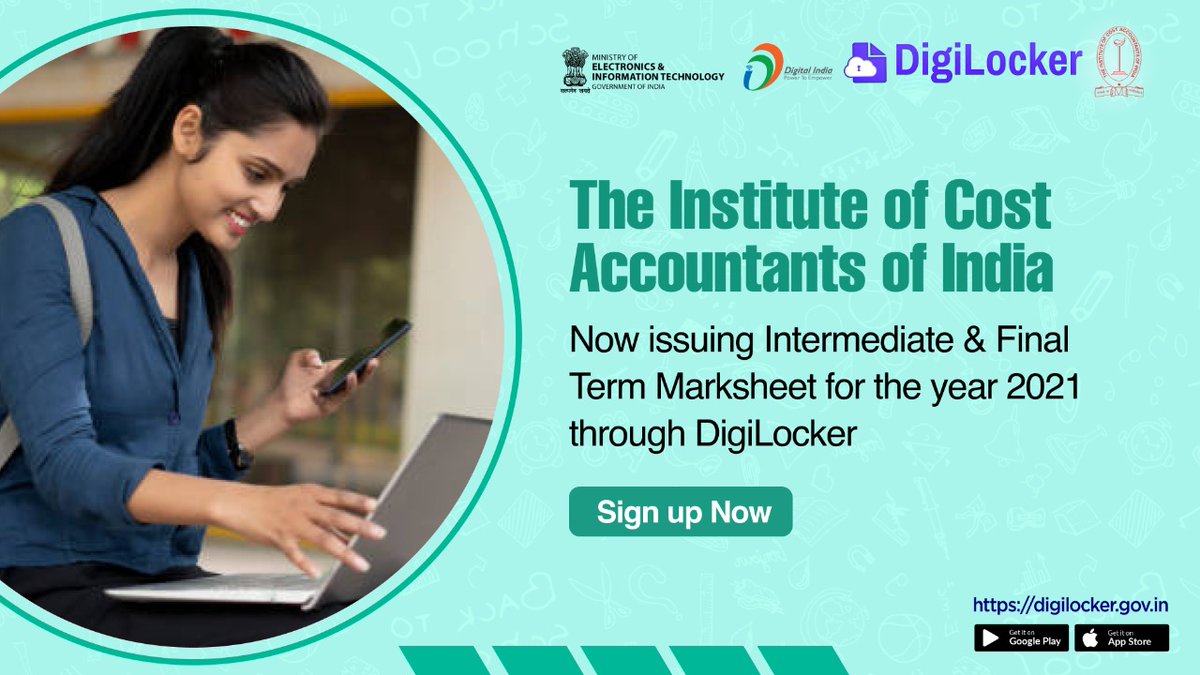 Students of The Institute of Cost Accountants of India (#ICAI)! Get your Intermediate & Final term Marksheet for the year 2021 through #DigiLocker. Sign up on DigiLocker to access your important documents & certificates. To download, go to digilocker.gov.in/installapp
