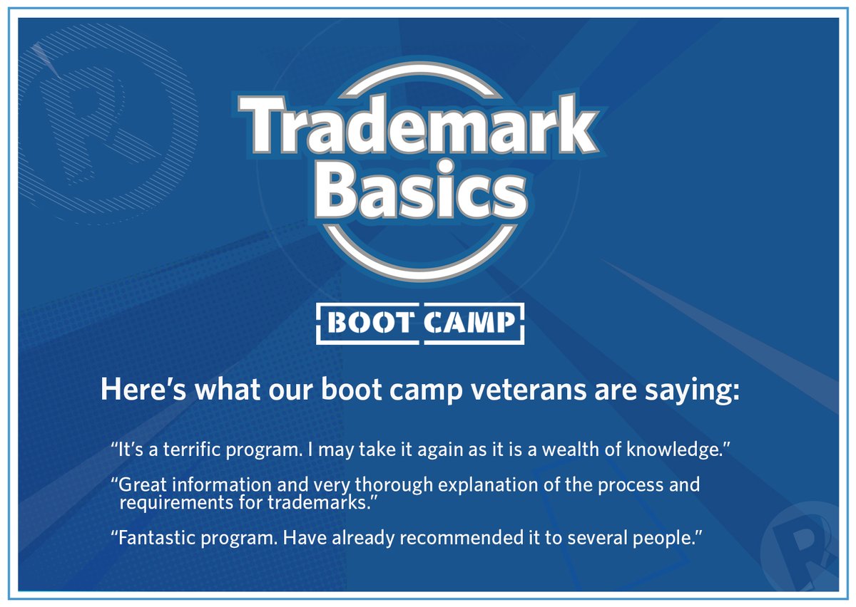 uspto's tweet photo. Are you interested in learning about trademarks and how to apply for a federal registration? Sign up for our next round of Trademark Basics Boot Camp, which starts April 5! Learn more and register for any or all of the eight sessions: https://t.co/JlMf0A6Kx0 https://t.co/fysMB8zc4C