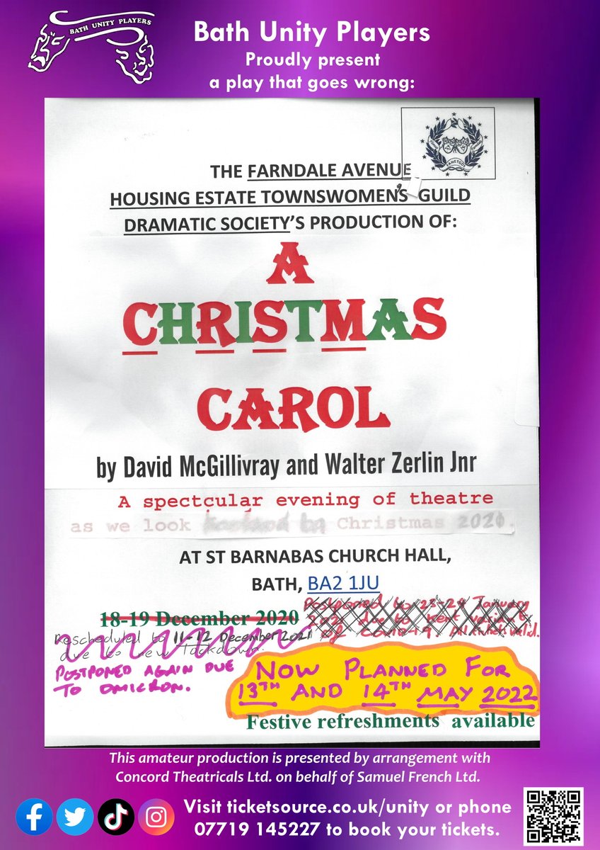 BathUnityPlayer's tweet image. GREAT NEWS:
Tickers are now on sale for our hilarious play - THE FARNDALE AVENUE TOWNSWOMEN'S GUILD DRAMATIC SOCIETY'S PRODUCTION OF A CHRISTMAS CAROL.
Head to ticketsource.co.uk/unity NOW to get your tickets!!