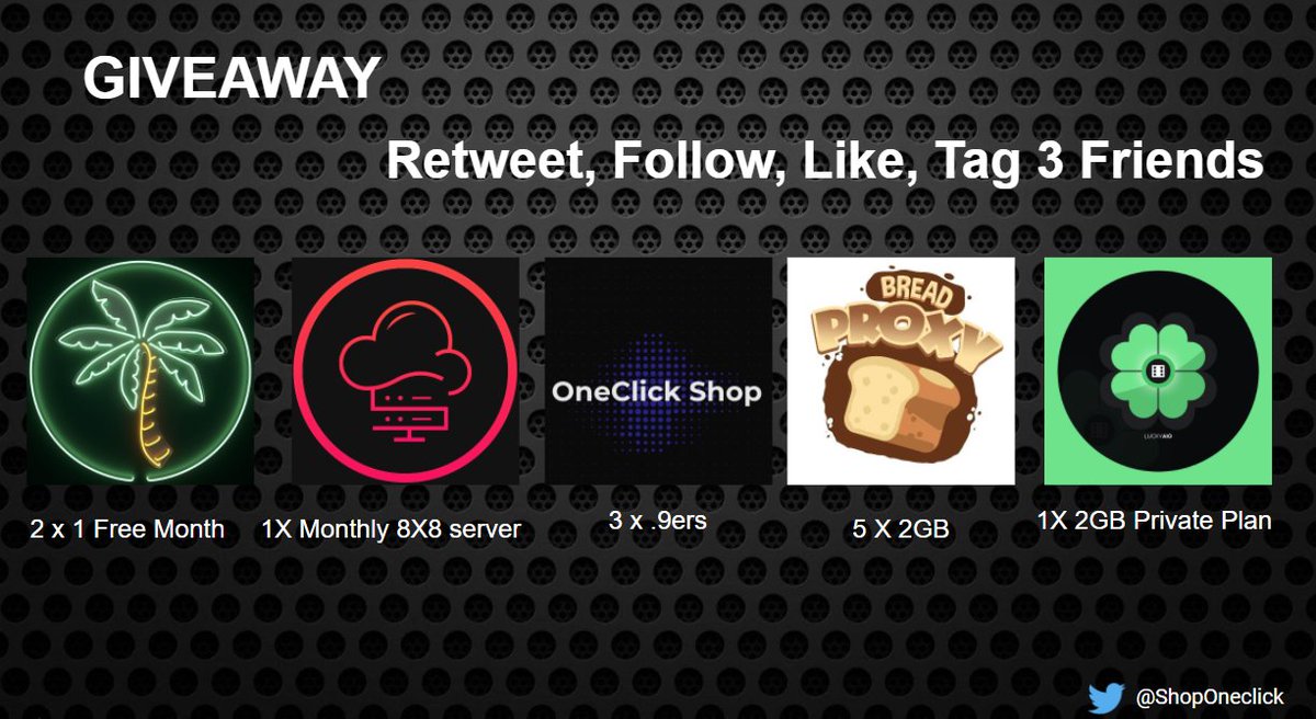 Giveaway Time 🎉🎉 @SofloSupply - 2 x Free monthlies @Sauceservers - 1 X Monthly 8X8 server @ShopOneclick - 3 X .9ers @BreadProxy - 5 X 2GB @Lucky_AIO - 1 X 2GB Private Plan To Enter: Retweet, Follow all accounts, Like, tag 3 friends ☘️ Ends in 48 Hours Good Luck ❤️