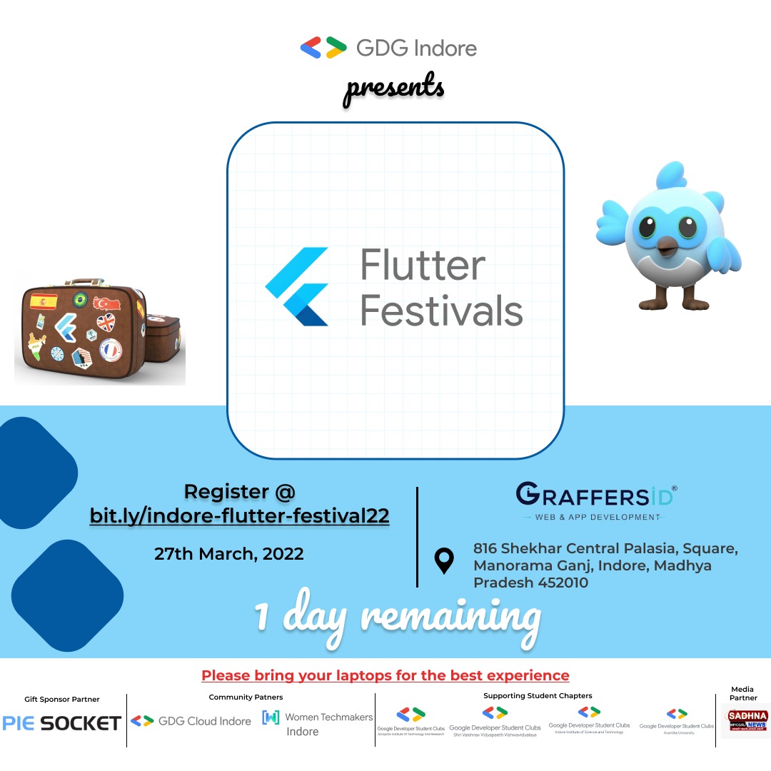 GDG_Indore's tweet image. *!! Only 1 day left to register for that event !!*
Flutter Festival will take place all over the world🌎.
In GDG Indore's first offline event post-pandemic, The Team is excited to meet you all
*Registration Form:* bit.ly/indore-flutter…
#GDG #WTM #FlutterFestivals #Flutter