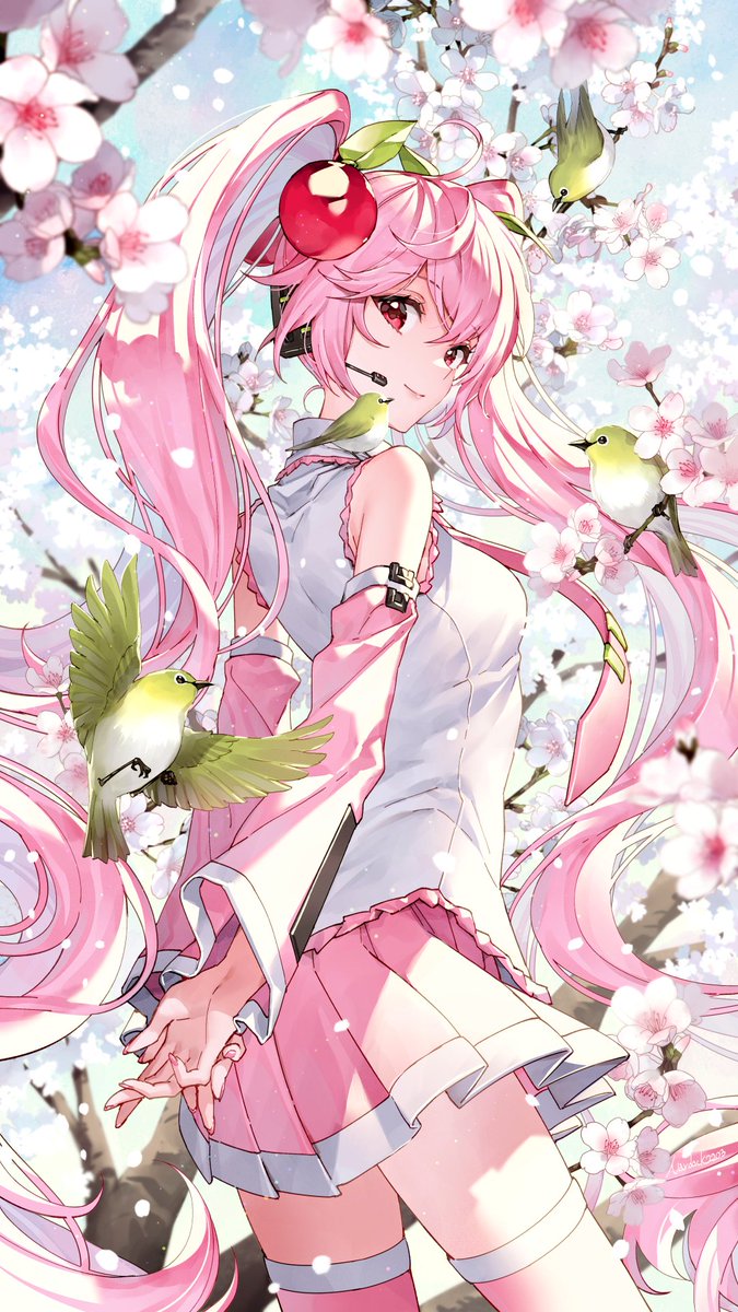 hatsune miku ,sakura miku 1girl skirt pink hair long hair twintails hair ornament detached sleeves  illustration images