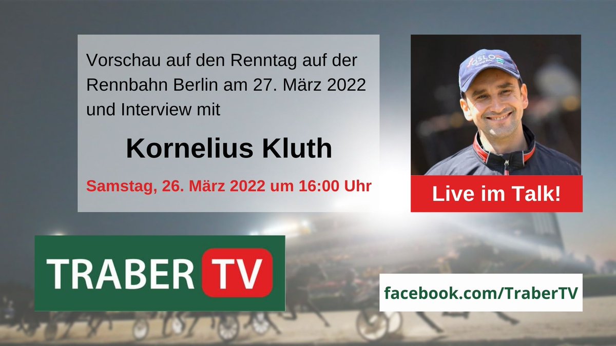 Vor dem Renntag morgen auf der <a href="/BerlinRennbahn/">Rennbahn Berlin Mariendorf</a> ist heute nachmittag Kornelius #Kluth live zu Gast bei <a href="/Traber_TV/">TraberTV</a> - ab 16:00 Uhr.

#TraberTV #Berlin