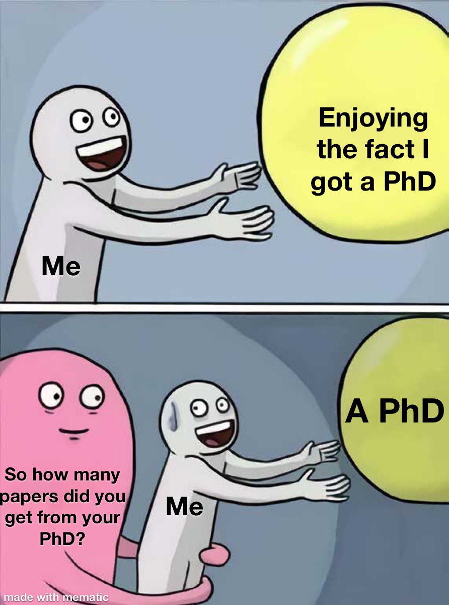 Dr Meming (@dr_meming) on Twitter photo I am often asked how many PhD papers I have.
It’s an innocent question but highlights a misconception of what a PhD is.
Papers are nice, but should not be the focus of a PhD. A PhD is to learn and become an independent researcher.
<a href="/OpenAcademics/">OpenAcademics</a> <a href="/AcademicChatter/">Academic Chatter™</a> I am often asked how many PhD papers I have.
It’s an innocent question but highlights a misconception of what a PhD is.
Papers are nice, but should not be the focus of a PhD. A PhD is to learn and become an independent researcher.
<a href="/OpenAcademics/">OpenAcademics</a> <a href="/AcademicChatter/">Academic Chatter™</a>