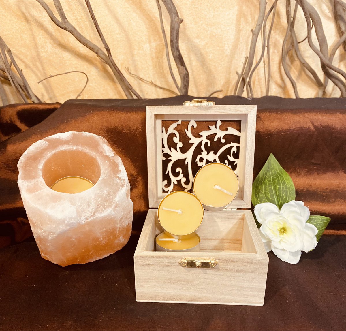Candlelight delight! Our tea lights, made from pure beeswax, which burn with the highest luminosity of all waxes, brings forth the unique beauty in our Himalayan salt candle holders.