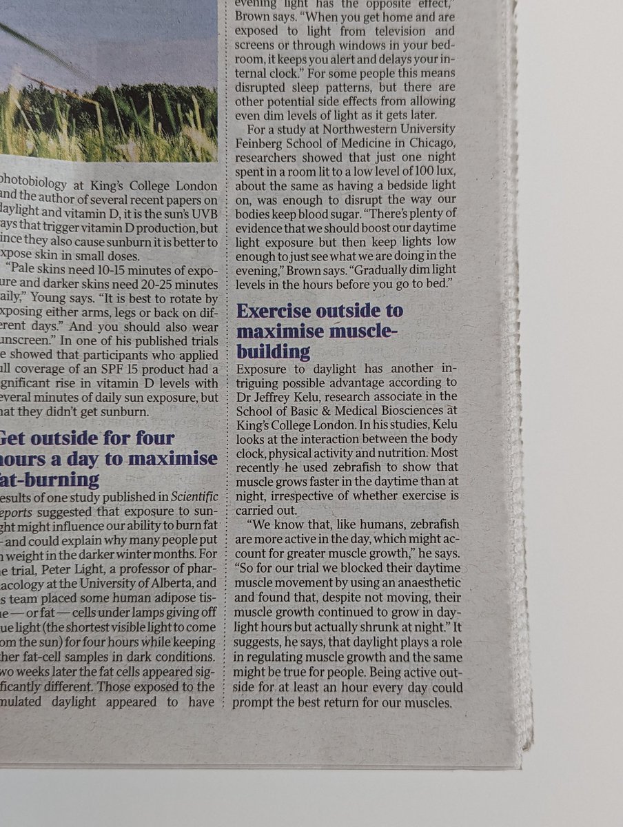 Thanks <a href="/petabeeuk/">Peta Bee</a> for reaching out and covering my work about muscle 💪 clock 🕐 and daylight ☀️ in your nice article published in 'The Times' 📰 today.

Benefits of exercise might be optimised if we keep our body clocks happy.  Let's exercise for good! #TheTimes #publicoutreach