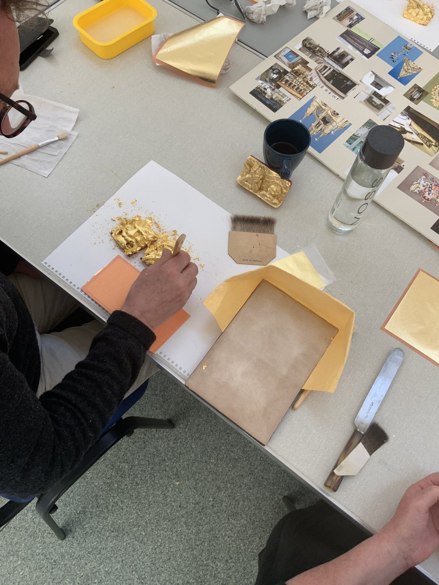 Bev_Minster's tweet photo. Working with real gold leaf, it’s so therapeutic! #sanctuaryproject @HeritageFundUK https://t.co/NBADXCOIb2