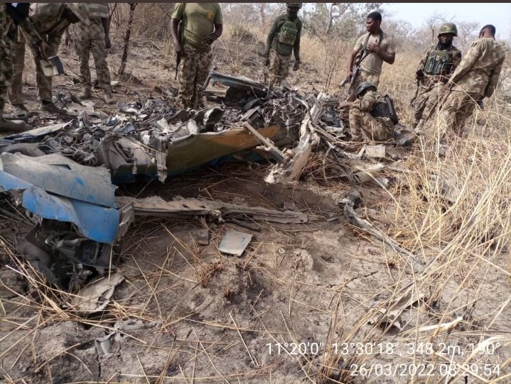 eonsintelligenc's tweet photo. BREAKING: Troops of Operation Desert Sanity on clearance patrol in Sambisa Forest, Borno State, have uncovered the wreckage of crashed Alpha Jet aircraft (NAF475) that went off the radar with 2 crew members on 31 March 2021. Further exploitation ongoing. Source: @HQNigerianArmy https://t.co/vDFy7yIED9