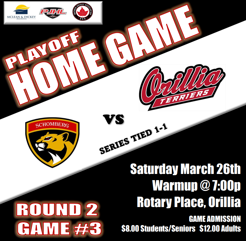 It's 🅶🅰🅼🅴 🅽🅸🅶🅷🆃‼️ Playoff series tied 1-1.

⏰: 7:30pm
🆚: <a href="/Sch_Cougars/">Schomberg Cougars</a>
 📍: Rotary Place, Orillia

The Booster Club supporting the <a href="/RoyalCdnLegion/">The Royal Canadian Legion</a> Branch 34 will be open in the mezzanine to enjoy while you watch the game!