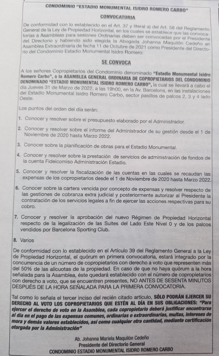 Copropietario del Monumental al día en sus alícuotas, el dia Jueves 31 de Marzo a las 7pm se llevará a cabo la Asamblea Ordinaria, si hay un medio o lugar para hablar, criticar, exigir, reclamar, informarse, conocer y resolver es en una Asamblea, LOS ESPERAMOS