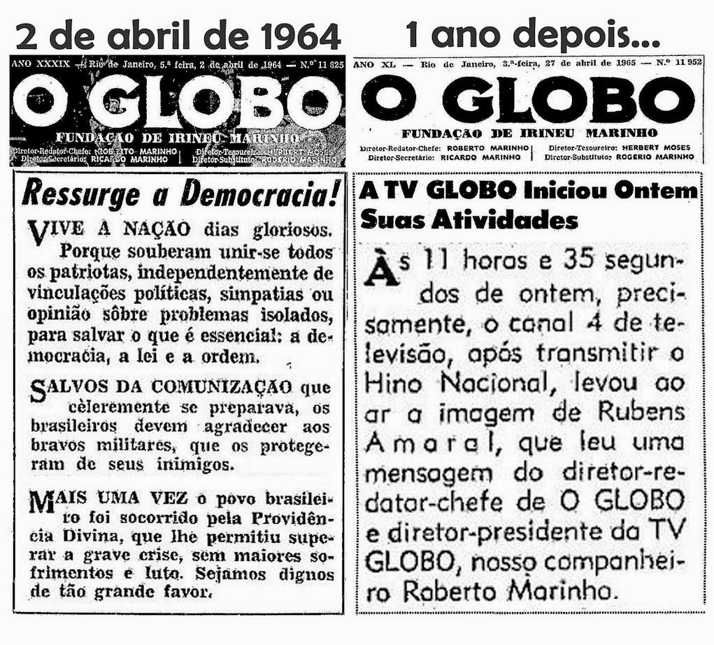 Em 1965, um ano após o golpe, Marinho começava a operar a TV Globo, criada com a concessão do canal 4 do RJ. No ano seguinte, obteve concessão do canal 5 de SP. Em 1968, ganhou o canal 12 de BH. Novas concessões seriam ofertadas em Brasília e Recife, criando a Rede Globo. 13/29