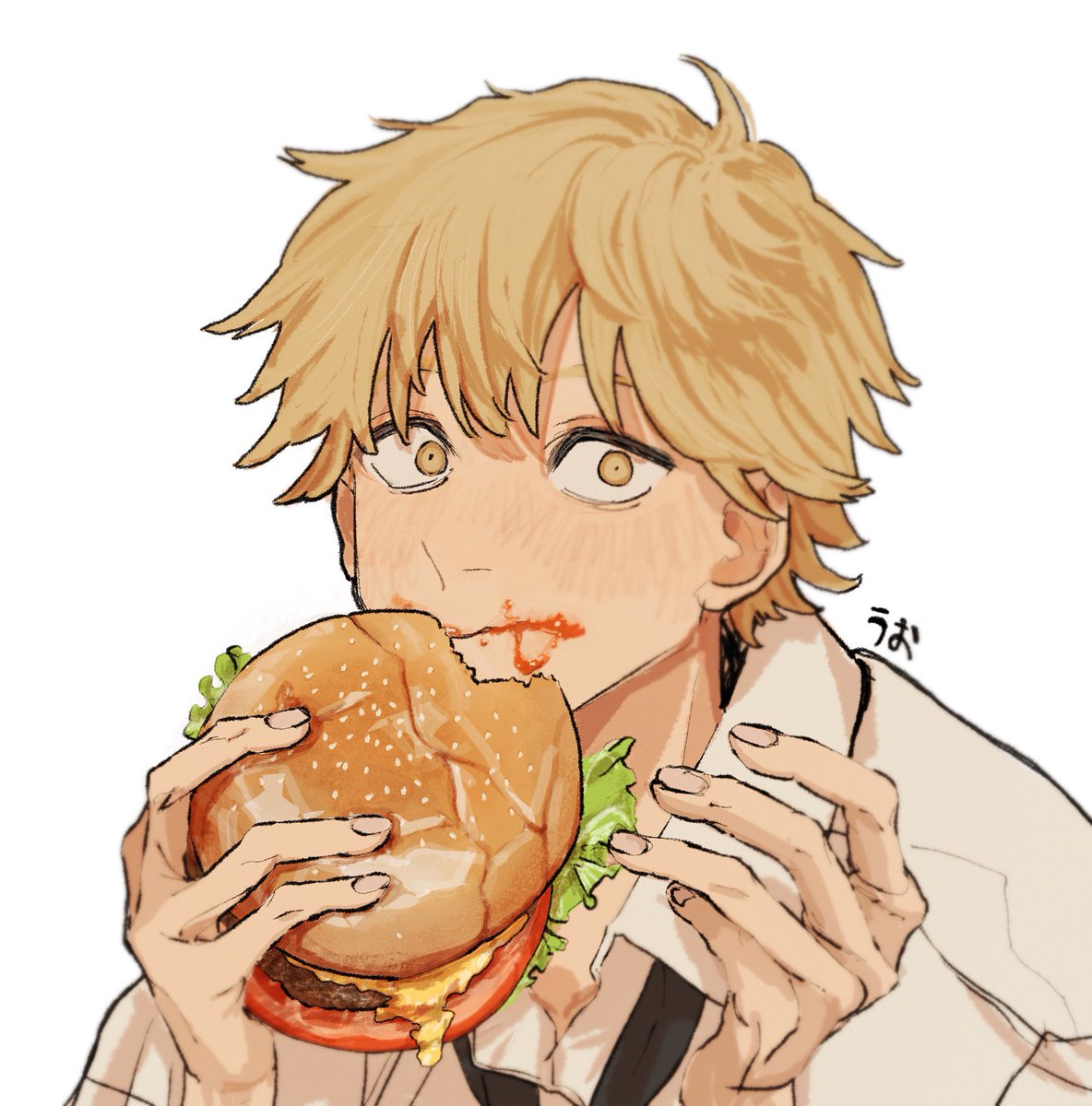 denji (chainsaw man) food 1boy blonde hair eating burger white background solo  illustration images