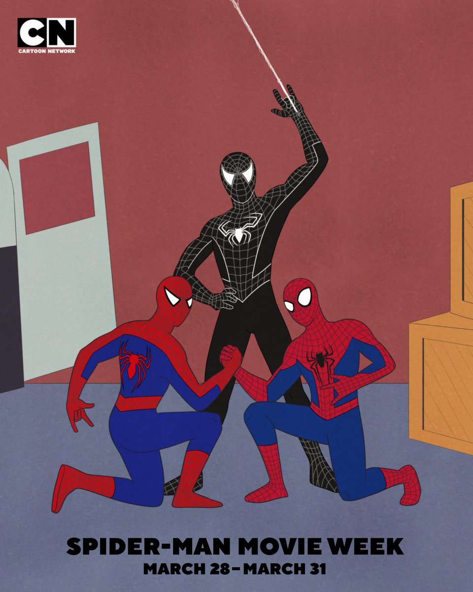 We did the thing! 🕷️🕸️👉 👈 Which Spider-Man version is your fav? Watch all 4 Spider-Mans starting Mon 3/28 at 6p on @CartoonNetwork

#CartoonNetwork #SpiderMan #MovieNight #Spidermanmeme #PeterParker #Spiderverse #Spidermanmovie