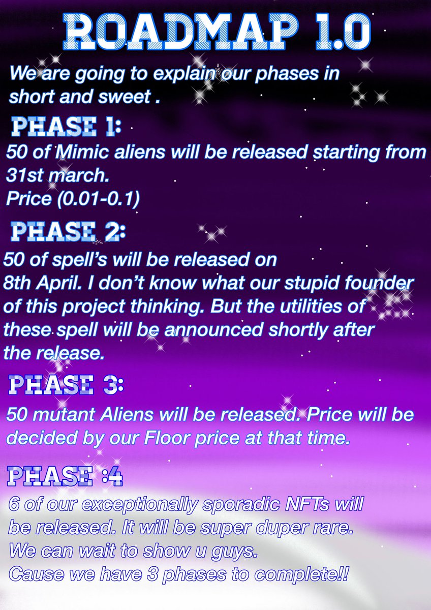 Mimicaliens1's tweet photo. Our roadmap is out nowww!!! Let me know what u think ;) #NFTCommunity #NFTProjects #NFTs #nftroadmap #polygon https://t.co/5Etj3UBouU