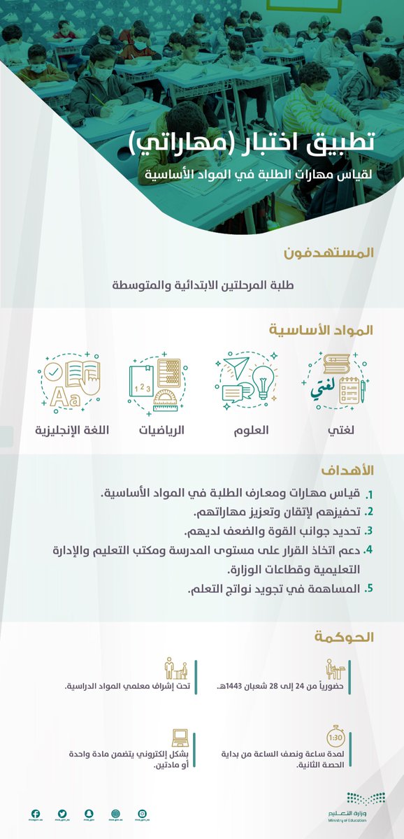 وزارة التعليم تبدأ غداً الأحد تطبيق اختبار (مهاراتي)؛ لقياس المهارات المكتسبة للطلاب والطالبات في المواد الأساسية للمرحلتين الابتدائية والمتوسطة، بما يسهم في تجويد نواتج التعلّم.
moe.gov.sa/ar/mediacenter…