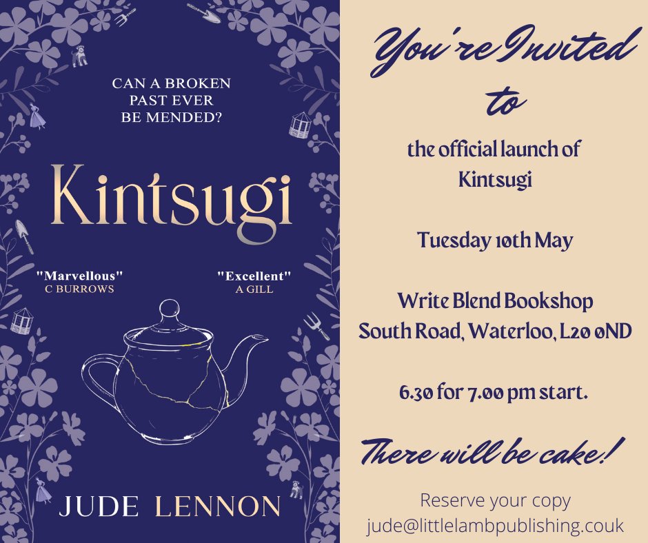 JudeLennonBooks's tweet photo. I'm holding the physical launch of my novel Kintsugi at @WriteBlendbooks on 10th May. Special edition copies will be available at this event. All welcome. #liverpoolspeaks #kintsuginovel @CultureLPool @TeamAuthorUK https://t.co/MRAFMHIZZd