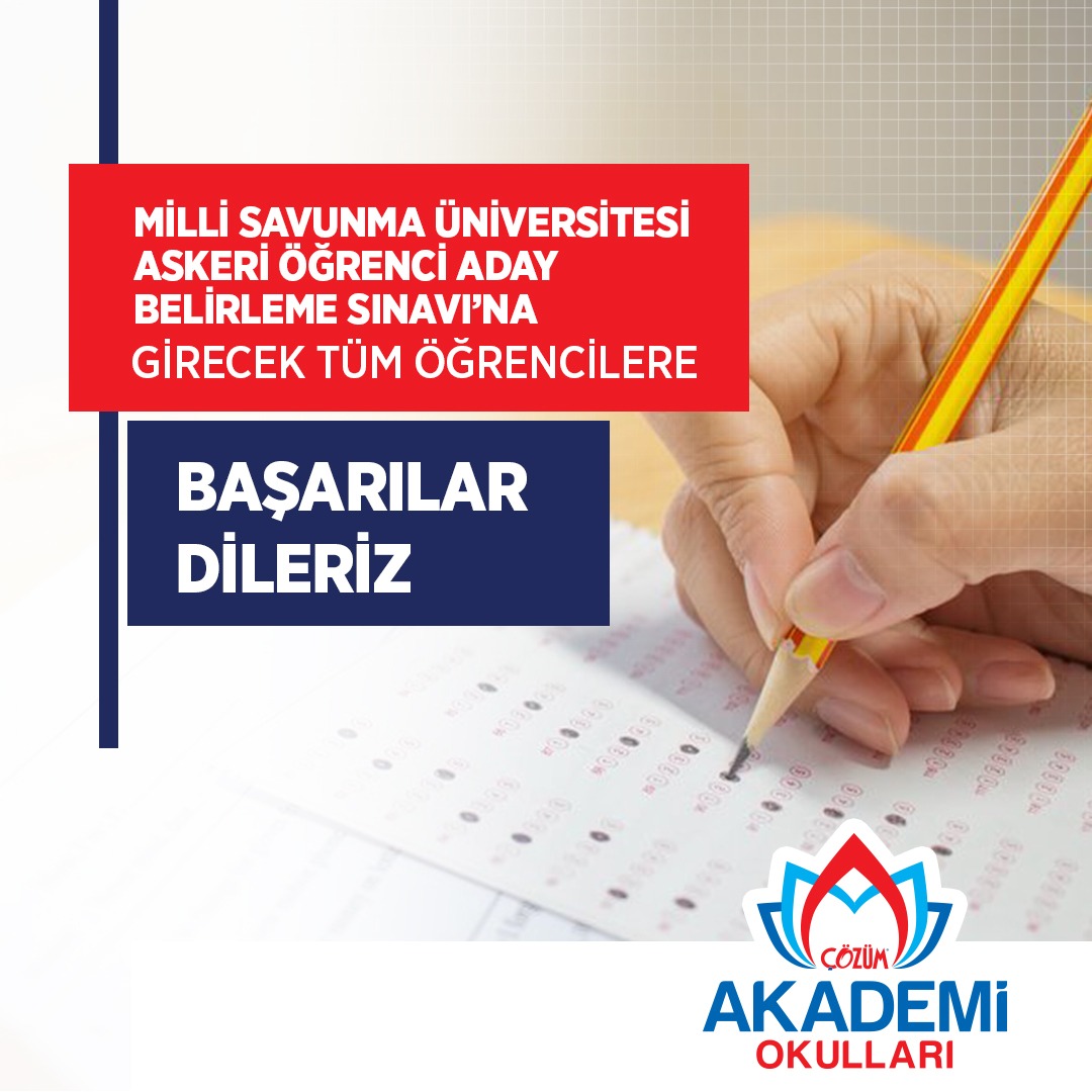 27 Mart 2022 tarihinde gerçekleşecek Milli Savunma Üniversitesi Askeri Öğrenci Aday Belirleme Sınavı’na (MSÜ) girecek tüm öğrencilerimizin heyecanını yürekten paylaşıyoruz.

Sınava girecek olan tüm öğrencilere başarılar diliyoruz.

#Gaziantep #ÇözümAkademiOkulları