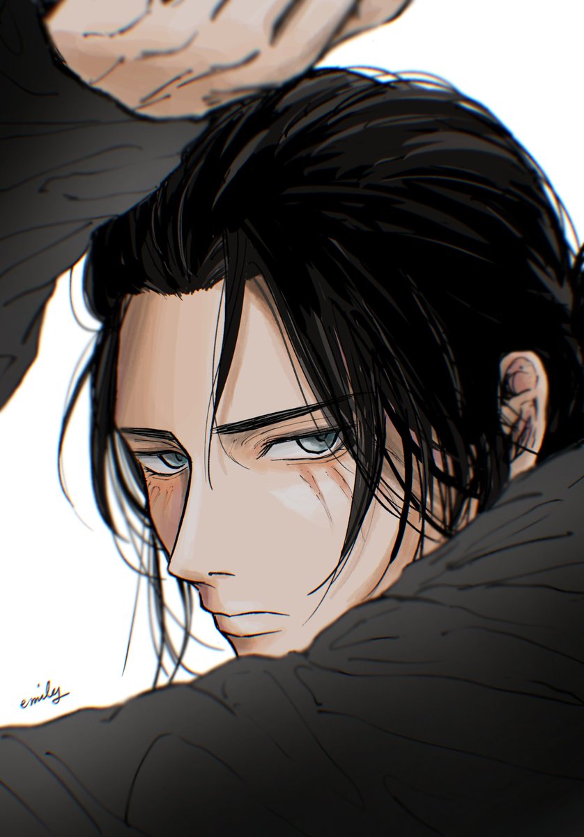 eren yeager 1boy male focus black hair solo looking at viewer white background simple background  illustration images