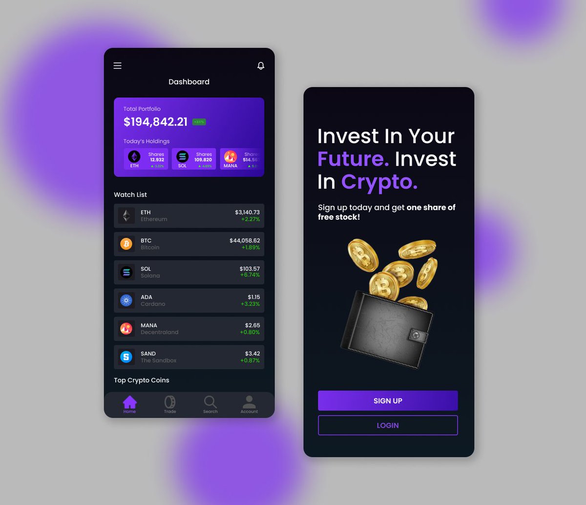 Crypto Investing App in Dark Mode 💰 Any feedback? Drop in the comments below! #uxdesign #productdesign #BlackTechTwitter #cryptocurrency