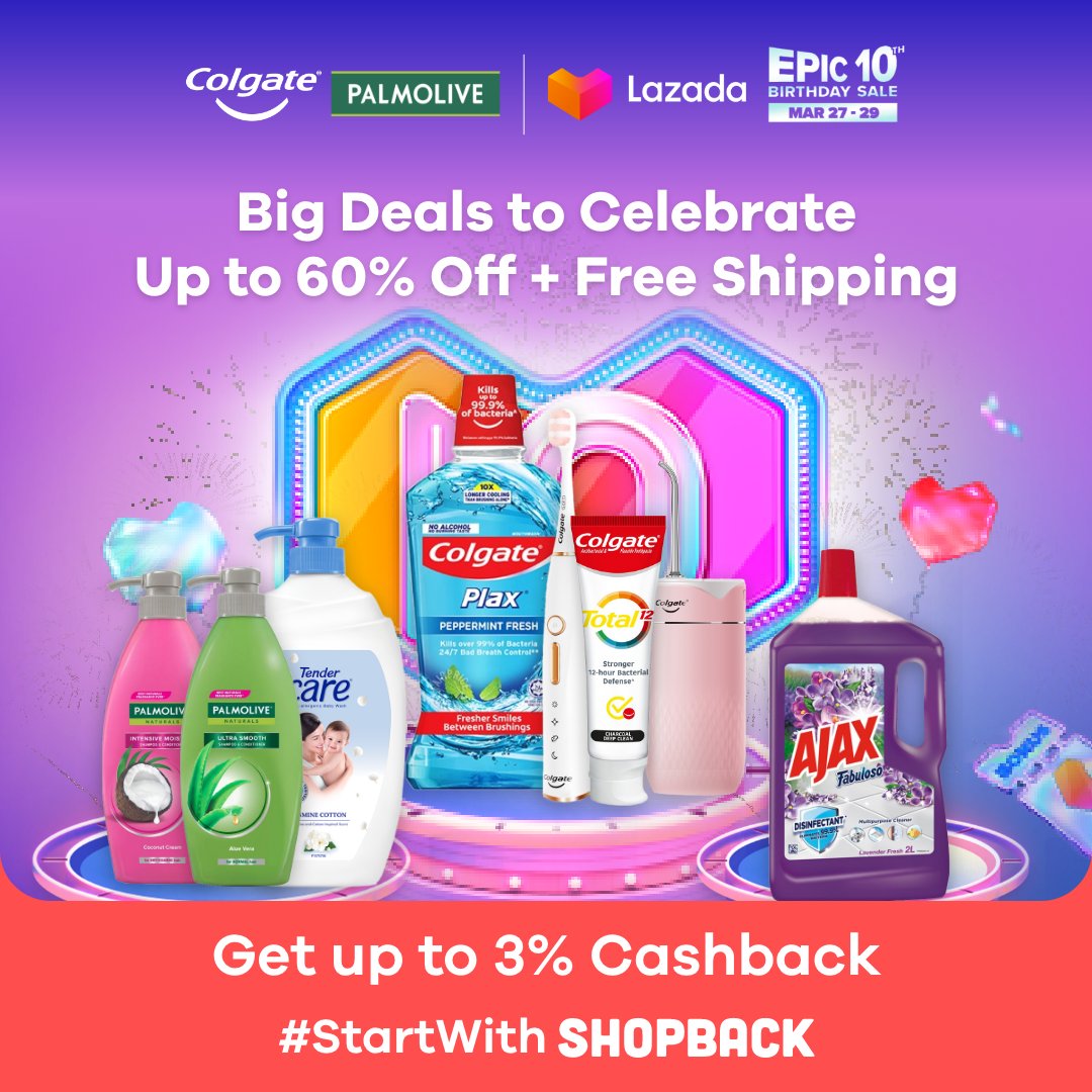 shopbackph's tweet photo. Time to celebrate Lazada’s 10th Birthday! 🎈 Join the party and get up to 60% off on your favorites from Colgate-Palmolive. ✨Get the biggest discounts on March 27, 12-2am! 😍

🛒 Add to cart NOW: https://t.co/fC2Y9ganwa

#StartWithShopBack https://t.co/ZMpAx8PhXJ