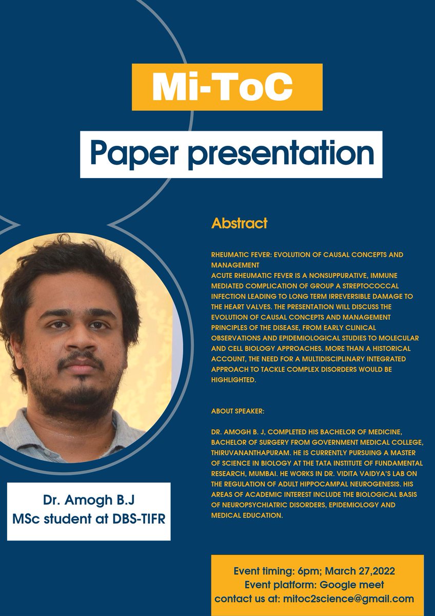 MiToC6's tweet photo. Announcement....📣📣
Hola Science enthusiasts,
Join us in this week's paper presentation session by Dr. Amogh B. J
Title of the talk
Rheumatic fever: evolution of causal concepts and management.
You all are cordially invited! 
Register at: https://t.co/OA78X09ELP
#journalclub https://t.co/lfpYZ3ugoo