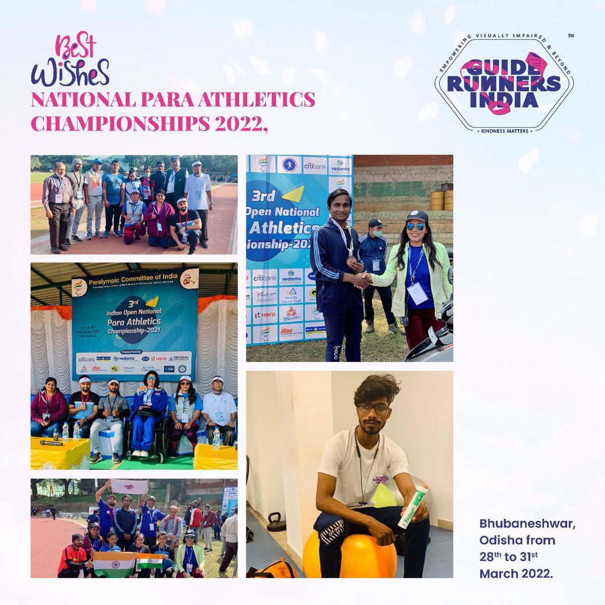 GuideRunnersIND's tweet photo. Best wishes for National Para Athletics Championships 2022 at Kalinga Stadium, Bhubaneshwar, Odisha #GuideRunnersIndia @bhumikarunner @ParalympicIndia https://t.co/asbNhlE9Fn