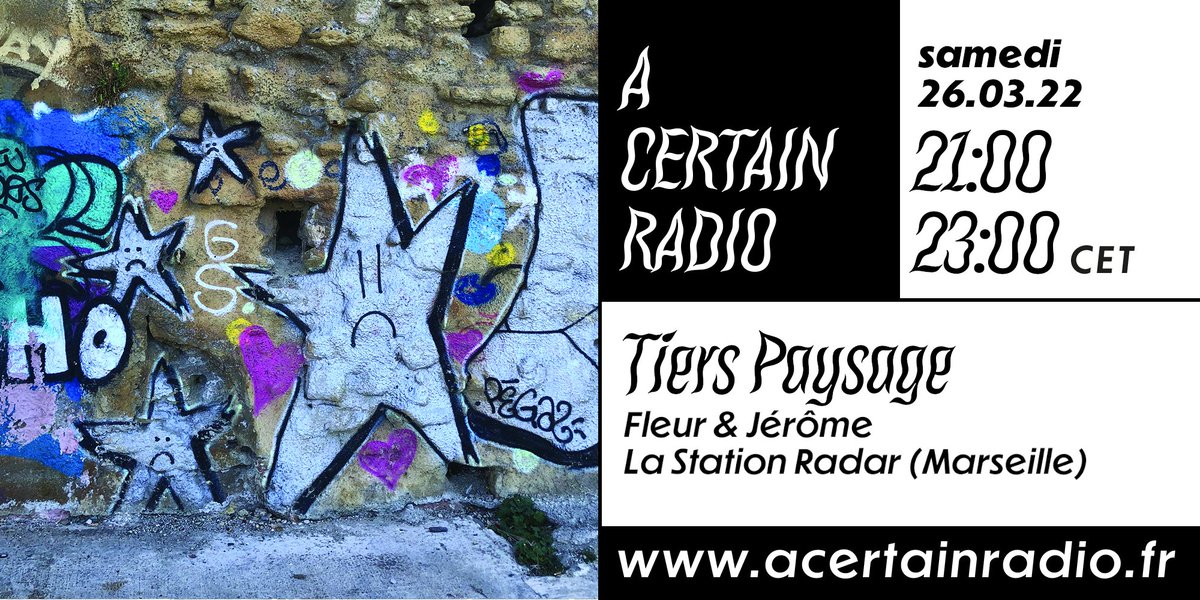 CE SOIR SUR acertainradio.fr ! 
▶ 21H / TIERS PAYSAGE avec Fleur &amp; Jérôme / <a href="/Lastationradar/">La Station Radar</a> (Marseille)
Avec Contumace, Alvin Curran, Duncan Marquis, Deutsche Wertarbeit, Etran De Lair, Old Time Relijun, Paul Leary, Normil Hawaiians +MORE