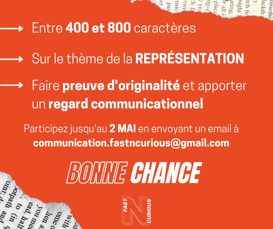 FastNCurious_'s tweet photo. 📅 Vous avez jusqu'au 2 Mai pour nous envoyer vos articles (entre 400 et 800 caractères) à communication.fastncurious@gmail.com !
 
Nous sélectionnerons les 3 articles qui auront fait preuve d'originalité et d'un regard communicationnel !

Bonne chance ! https://t.co/V5wTT0XifM
