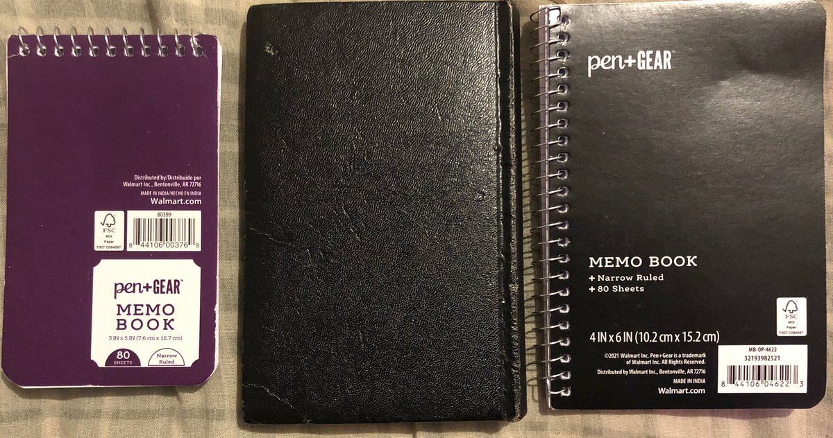 Write it down. In the middle is a small hardback book 4”x 6” the optimum size in my view. 

Either side are cheap spirals. If you carry it you will use it, probably. 

If you write you will think and thinking is important, if you draw the right conclusions. https://t.co/c49UnrHLL2
