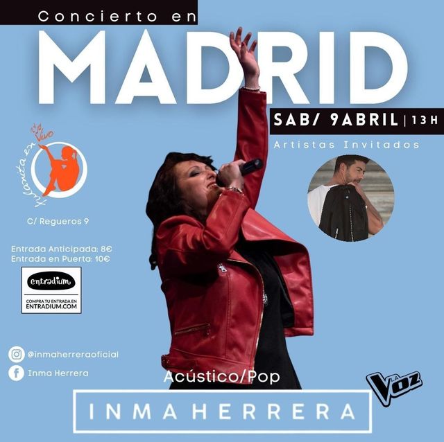 9 de Abril a las 13h no te pierdas a <a href="/InmaHLaVoz/">Inma Herrera Oficial</a>  en Concierto en la Sala <a href="/fulanitaenvivo/">Fulanita en Vivo</a> de Madrid con <a href="/TonyBaleri/">Tony Baleri</a> como artista invitado. Concierto que te Recomendamos desde <a href="/ElFiesta_es/">ElFiesta.es</a> y elfiesta.es
