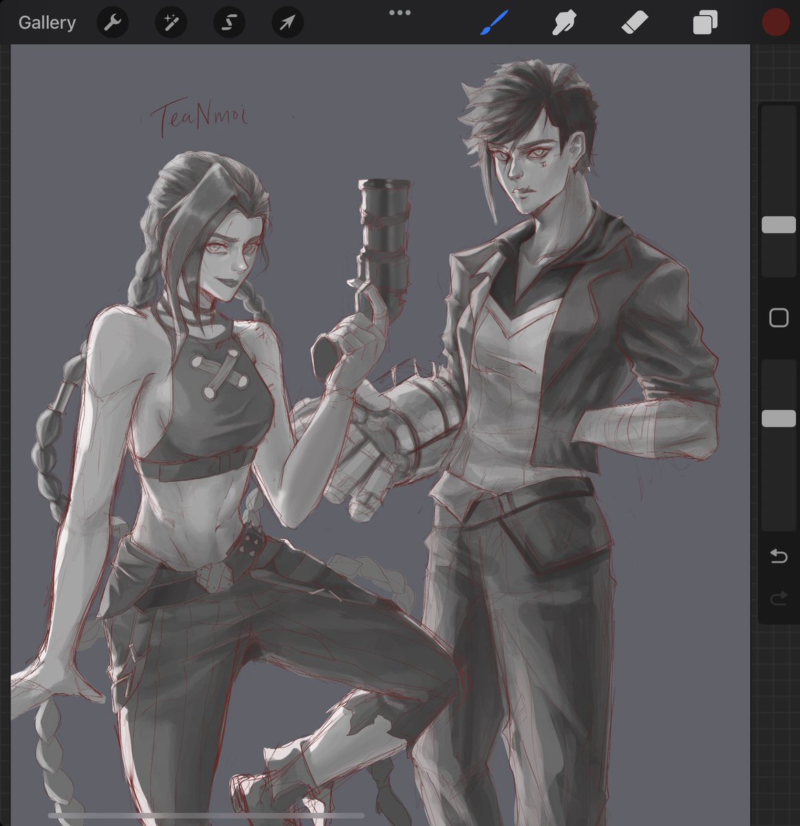 TeaNmoi's tweet photo. Gonna dump this here coz I lost my will to finish it lol #arcane #Jinx #Vi #arcanefanart #WIP https://t.co/hVCys2pUa2