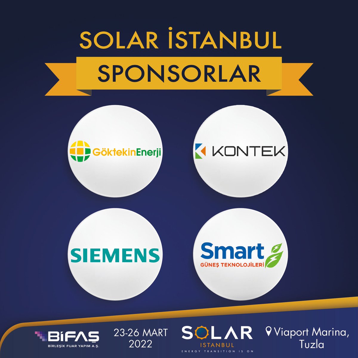 SolarIstanbul's tweet image. Bifaş organizatörlüğünde 23-26 Mart 2022 tarihleri arasında gerçekleşen Solar İstanbul Fuarı’nda sponsorlarımız Göktekin Enerji, Smart Güneş Teknolojileri, Siemens ve Kontek’e teşekkürlerimizle..

#solar #solarexpo #fuar #güneşenerjisi #yenilenebilirenerji #güneşpaneli