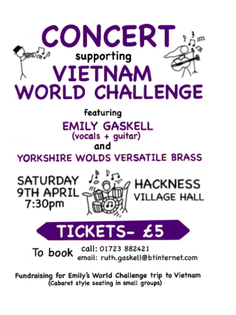 Emily Gaskell &amp; Yorkshire Wolds Versatile Brass will be at Hackness Village Hall on Saturday 9 April 7.30pm. Yeah, live music at last!