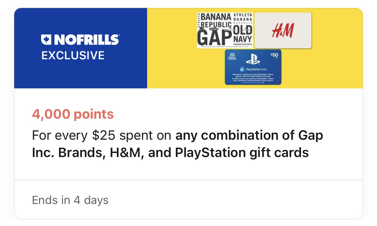 Get 4000 PC Optimum Points for every $25 you spend on PlayStation gift cards

YMMV, offer is available in the app under “Offers you may like”

Mine is No Frills exclusive, but some seeing Shoppers / RCSS https://t.co/kN3Q41w7Au