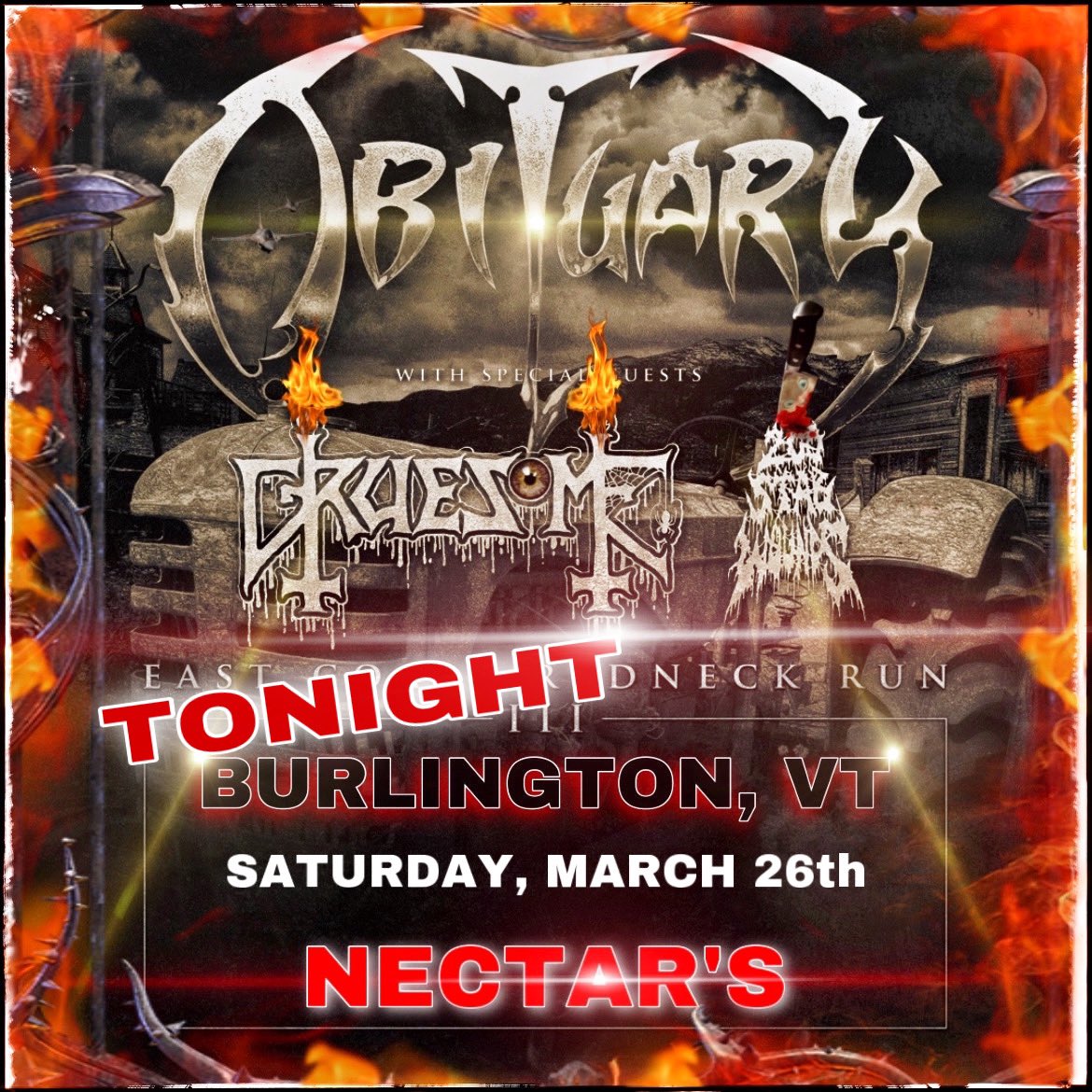 obituarytheband's tweet photo. Burlington, VT - TONIGHT 
The HillBillies are on the Loose and Throwing Down with Gruesome &amp; @200StabWounds 
Who’s joining us at Nectar’s for a SaturdayNightSpecial?
Your attendance is Mandatory..shoes are Optional..!
#RedNeckRunIII https://t.co/gPtVXZRcFj