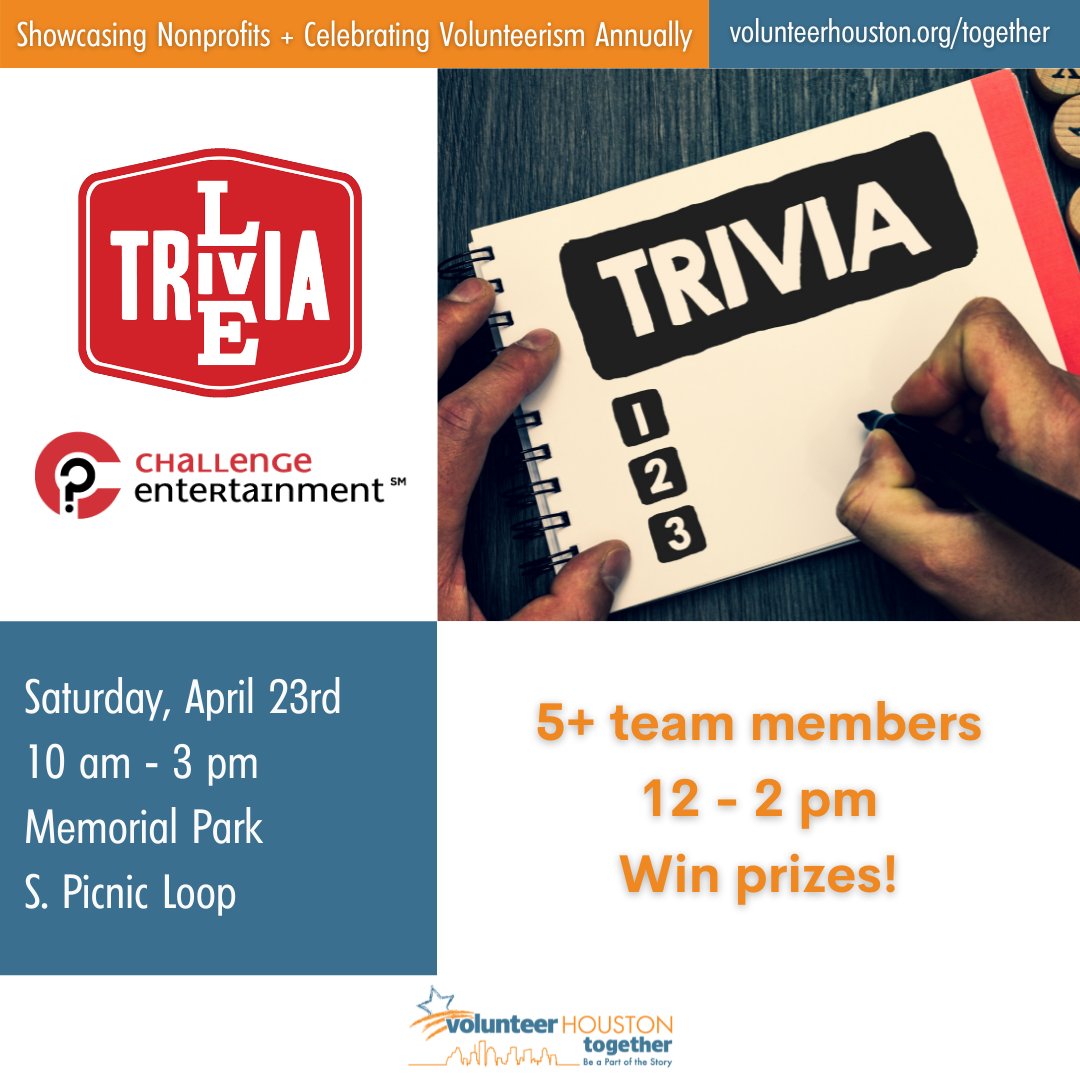VolunteerHou's tweet photo. Your competitive nature is invited to register a team of 5+ for live trivia at #VolunteerHoustonTogether on Sat April 23rd @ 12 noon hosted by @Challenge_Ent!
https://t.co/gEWEhCQjUY

#beapartofthestory
@JustserveH @HouToolBank @NeighborHOU @soren_transport @eklektikdesign https://t.co/OdB0Jzxrrr
