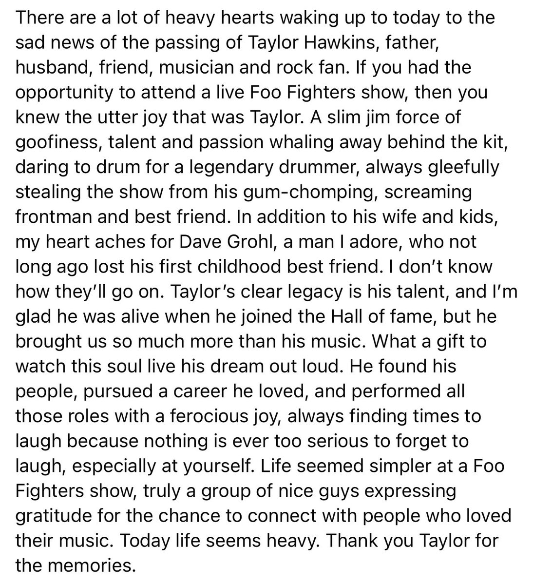 Shocked and devastated at the loss of Taylor Hawkins. I put my thoughts down to help me process my sadness. RIP Taylor.