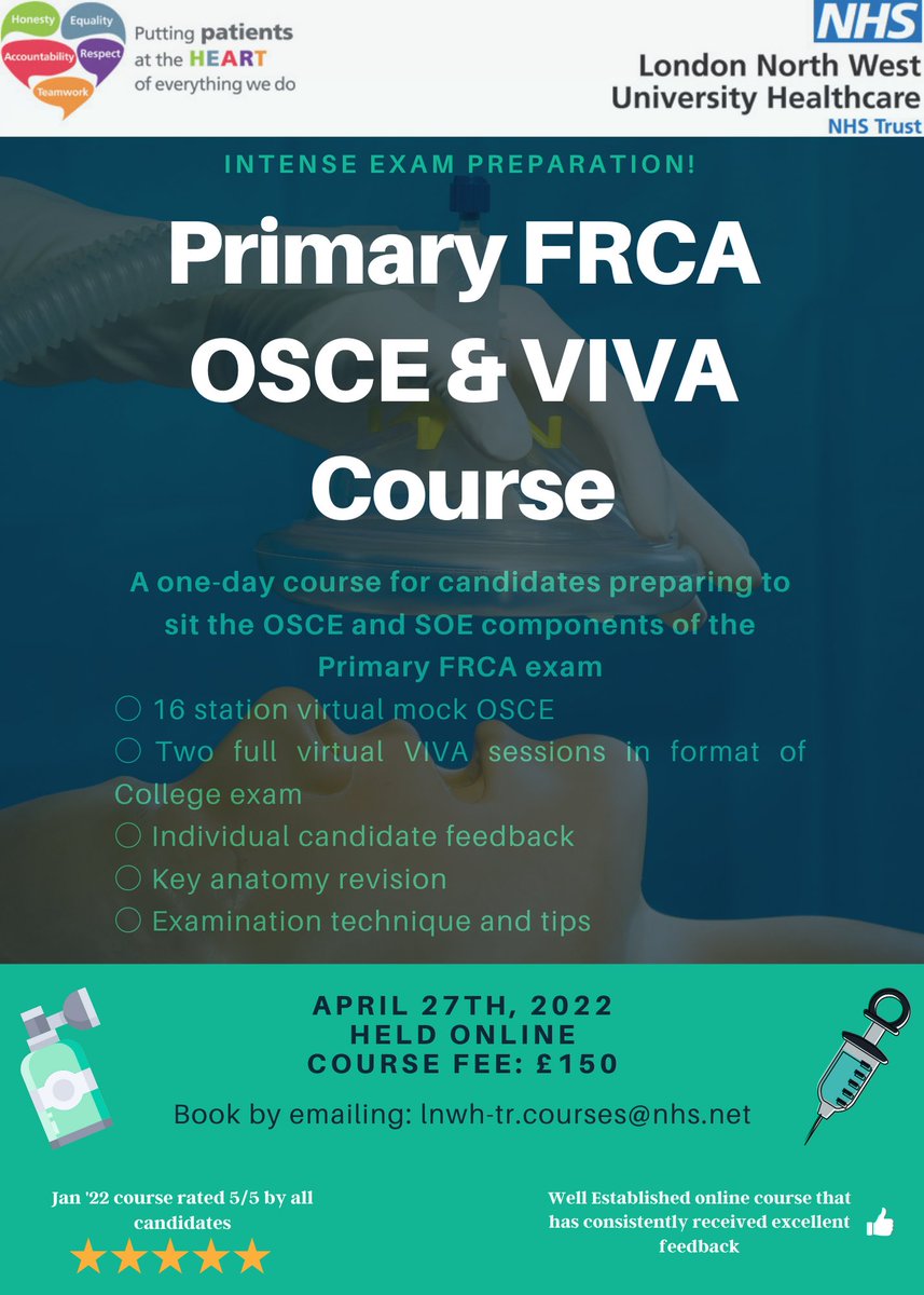 Book a place on the next virtual Northwick Park Primary FRCA OSCE &amp; Viva Course taking place on Weds 27th April 2022:
forms.gle/zNja1RpT9Bng5z…

#PrimaryFRCA #FRCA #Anaesthesia #Anaesthetics #SOE #OSCE #MedicalCourse