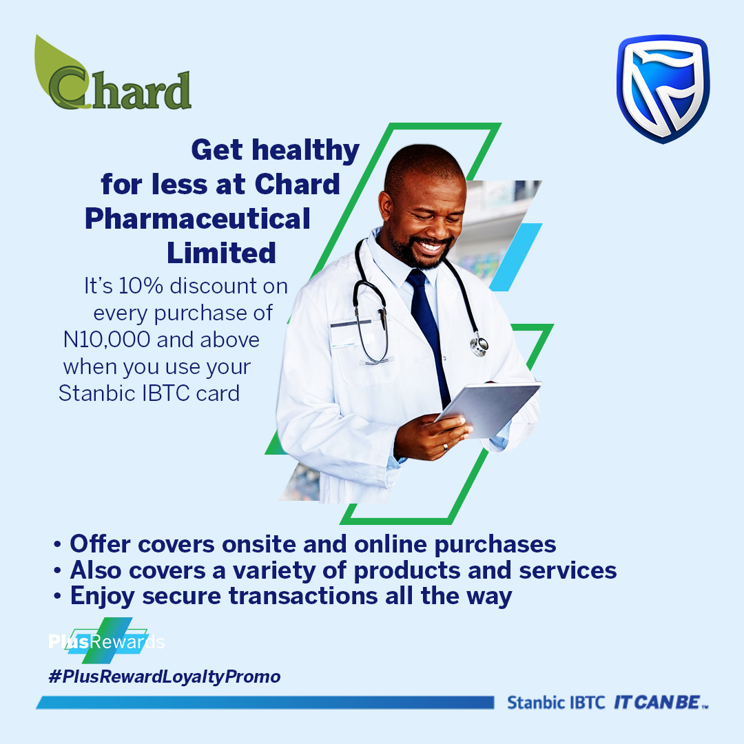 StanbicIBTC's tweet photo. Go for more, get charged for less!
Buy drugs worth N10,000 and above at Chard Pharmacy, pay with your Stanbic IBTC card and get up to 10% discount!
#PlusRewardLoyaltyPromo
#ITCANBE https://t.co/1qhd5MQKXn