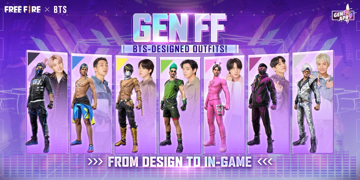 FreeFire_NA's tweet photo. From the designs they made to actual in-game outfits! 💜🤩

The BTS members put in hard work and effort into making these designs and trusted us to make them into outfits! 

What do you think? Which member designed your favorite outfit? 👀🔥

#GenFF #FreeFireXBTS https://t.co/6iplsDpHdb