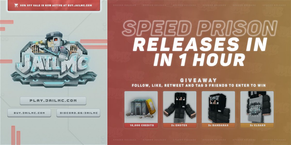 Prison is set to release in 1 Hour! In celebration, we’ll be giving away the following:                                                           ◽️ 3x Lunar Bandanas                                    ◽️ 3x Lunar Cloaks                                         ◽️ 3x Lunar Emotes